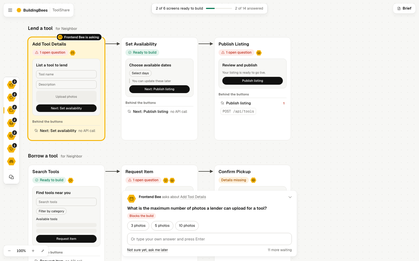 A BuildingBees board for a salon booking app: the bees as tools on the left, a bee's question at the bottom, and six screens with wireframes and the API behind each button.